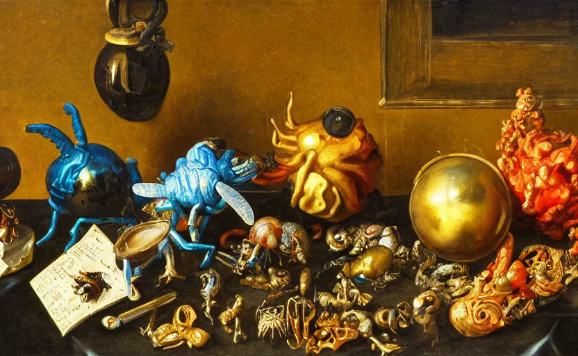 Image similar to disturbing colorful oil painting dutch golden age vanitas still life with bizarre objects strange gooey surfaces shiny metal bizarre insects rachel ruysch dali todd schorr very detailed perfect composition rule of thirds masterpiece canon 5 0 mm, cinematic lighting, photography, retro, film, kodachrome