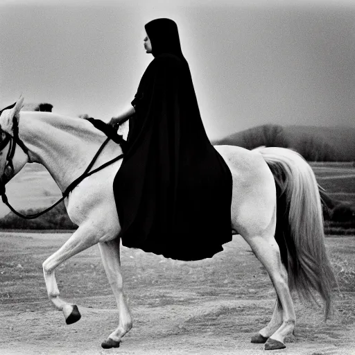 Prompt: A woman with a black cloak is riding a dark horse from distance, Kodak TRI-X 400, melancholic
