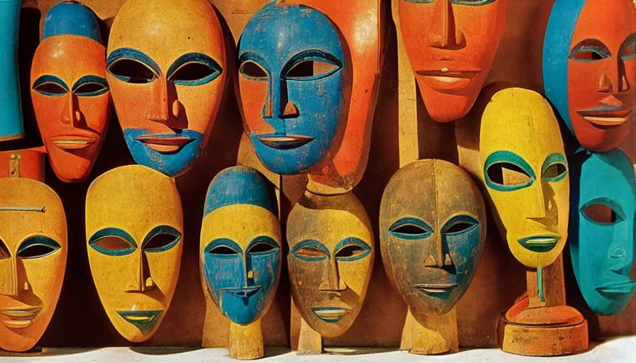 Prompt: a restored photography of a collection of ( ( ( ( ( ( ( ( ( ( ( ( ( african masks ) ) ) ) ) ) ) ) ) ) ) ) ), objects, fauvisme, in the style of memphis design, outdoor, neo modernism, 1 9 2 0, bright colors, documentary