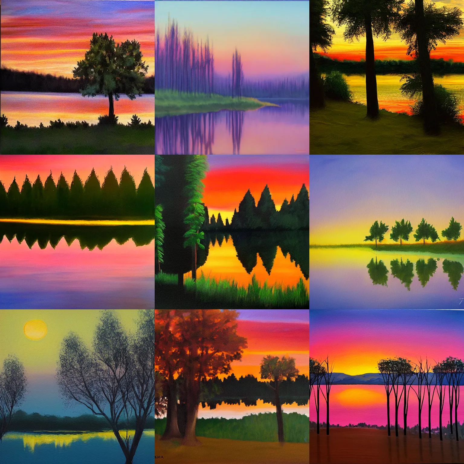 Prompt: trees next to a lake at sunset, painted by tomas sanchez