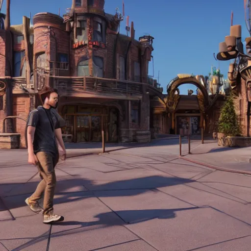 Image similar to Man in ragged clothes walking through the entrance of a desolate Disney Park, hyperrealistic, unreal engine 5