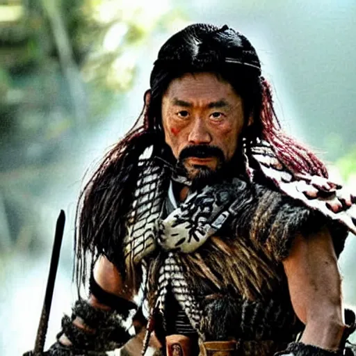 Image similar to predator film shot in feudal japan staring hiroyuki sanada as a disgraced ronin, who hunts down the predator after he fails to protect his master from it