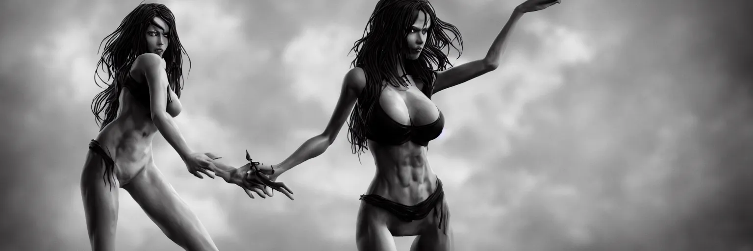 Image similar to epic fantasy render of a beautiful skinny woman body, dark hairs, black and white, highly detailed, cinematic, hyperrealism, dynamic lighting, artstation, octane render, cgsociety