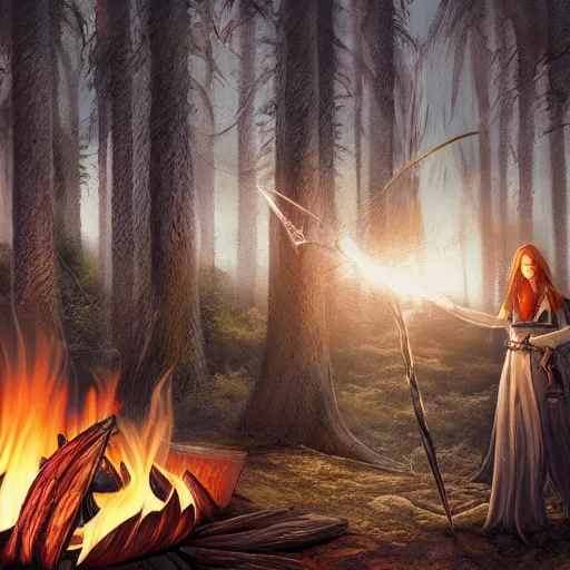 Image similar to malenia blade of miquella from elden ring near a camp fire, evening time, digital illustration, crisp details, highly detailed art, 8k image quality, full body camera shot