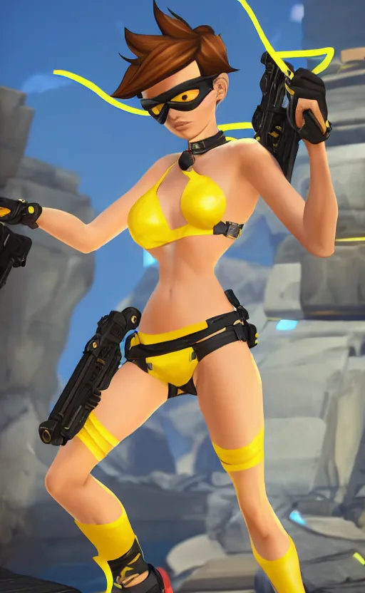 Image similar to tracer game character, in yellow bikini, blonde hair, black eyes, full height