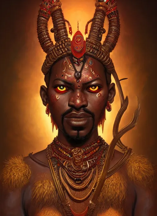 Image similar to angry orisha warrior god, bronze skin tone, bushy goatee, glowing red eyes, volumetric lights, earth tones and golden scheme, tribal and primitive, intricate, highly detailed, digital painting, artstation, concept art, smooth, sharp focus, illustration, kemetic symbolism, art by artgerm and greg rutkowski and alphonse mucha