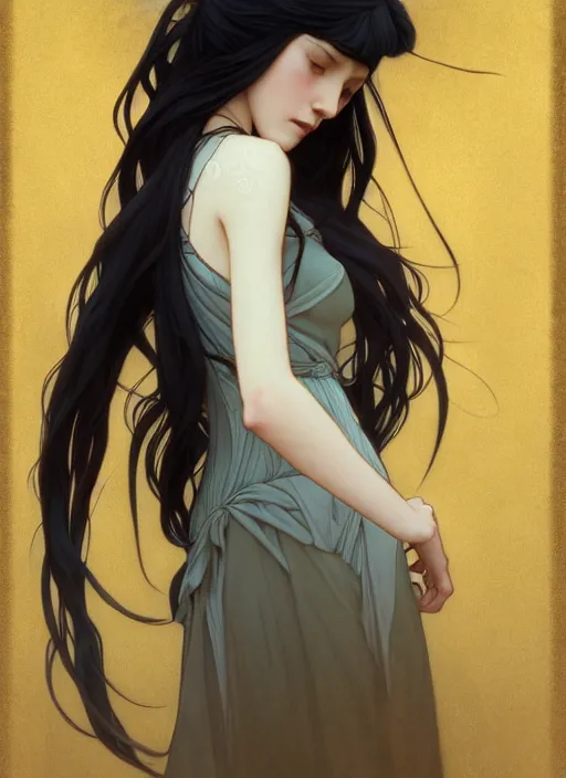 Image similar to pretty young woman with long black hair walking in the darkness, path traced, highly detailed, high quality, digital painting, by studio ghibli and alphonse mucha, leesha hannigan, makoto shinkai, disney
