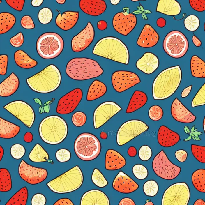 Image similar to vector pattern with fruits, vector illustration, simple colors, minimalism, symmetry, symmetrical, looping, artstation, DeviantArt