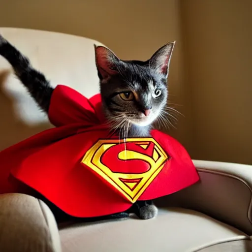 Image similar to a cat wearing superman cape, a red cape floating through galaxies of space on a recliner chair, cosmic rays, dramatic lighting, spirals galaxies