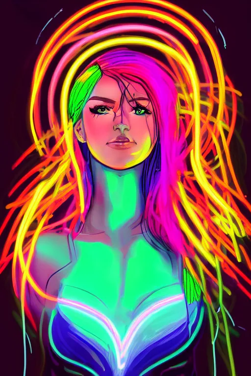 Image similar to a award winning portrait of a beautiful woman with stunning eyes in a one off shoulder croptop and cargo pants with rainbow colored hair, outlined by whirling illuminated neon lines and fine lines swirling in circles by ossdraws, digital art, trending on artstation