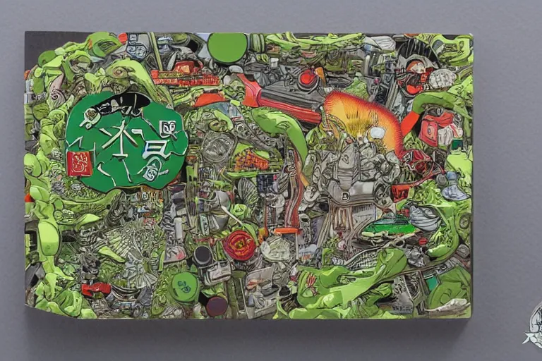 Image similar to a green participation badge, by yukito kishiro and katsuhiro otomo, hyper-detailed, intricate, view from above, colorful