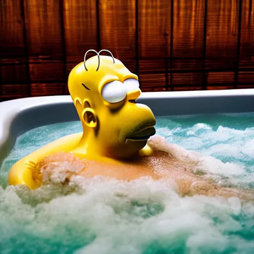 Image similar to photographic portrait by Annie Leibovitz of homer simpson in a hot tub, closeup, foggy, sepia, moody, dream-like, sigma 85mm f/1.4, 15mm, 35mm, 4k, high resolution, 4k, 8k, hd, full color
