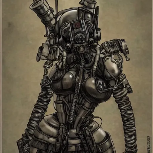 Image similar to beautiful bishoujo maiden queen ww1 soldier gas mask, xenomorph, biomech, ink monochrome, portrait, character design, worn, dark, manga style by yoshitaka amano, tsutomo nihie, kelly mckernan, peter mohrbacher, harry clarke, takayuki takeya, machinerie, industrial warfare,