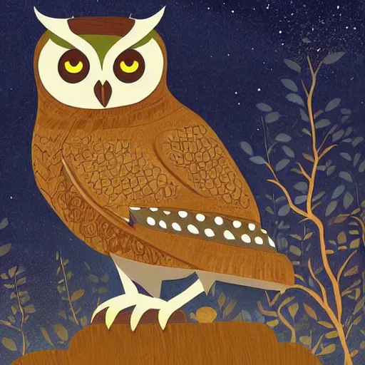 Image similar to a cartoon picture of an owl of athena!! in the woods, a storybook illustration by arabella rankin, behance contest winner, context art, storybook illustration, nightscape, digital illustration