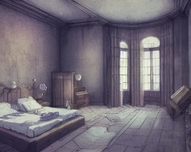 Prompt: environmental illustration of an interior wide angle shot of a bedroom overlooking the streets in a late renaissance city | | anime key visual, official media, illustrated by wlop, extremely detailed, 8 k, trending on pixiv, cinematic lighting, beautiful