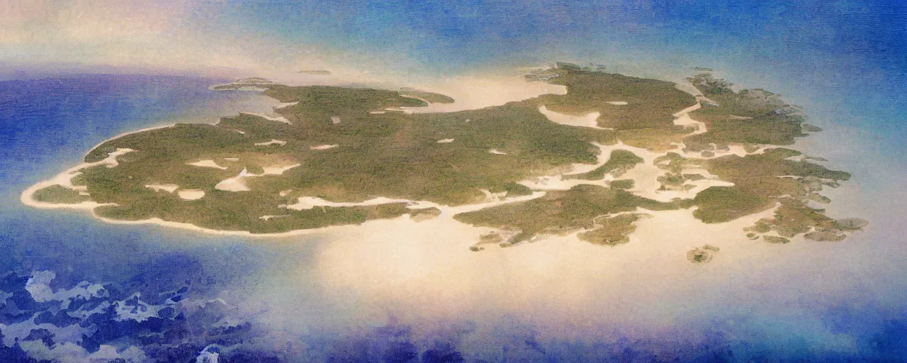 Image similar to a beautiful landscape painting of a tropical island in the middle of the ocean, by alfons maria mucha, trending on artstation, super ultra detail, aerial photography