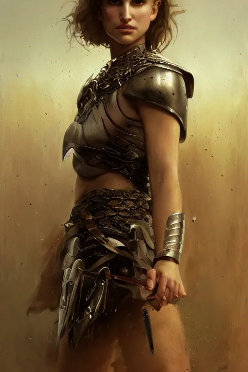 Image similar to young natalie portman, warrior girl, fighter, lord of the rings, tattoos, decorative ornaments, battle armor, carl spitzweg, ismail inceoglu, vdragan bibin, hans thoma, greg rutkowski, alexandros pyromallis, perfect face, detailed, sharply focused, centered, rule of thirds, photorealistic shading