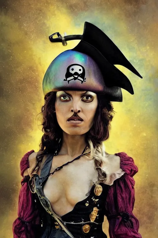 Image similar to a swashbuckling woman pirate portrait in national geographic, her clothing is sheer and futuristic, her skin color is iridescent