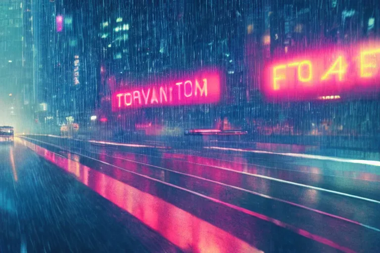 Prompt: a 1 9 8 5 fairmont speeding down tokyo highway in the rain, night time, neon lights, thunderstorm, movie still from the movie bladerunner 2 0 4 9