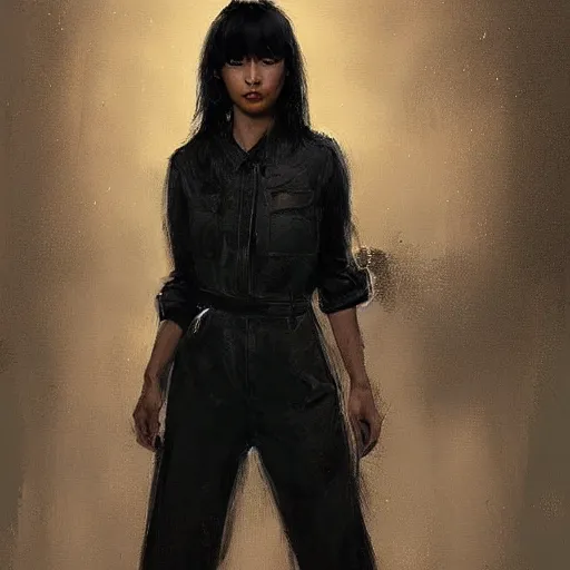 Prompt: Portrait of a woman by Greg Rutkowski, she is about 30 years old, mixture between korean, indian and arabian, pretty, black straigh hair with bangs, attractive, tall and slim, she is wearing beigen and black utilitarian jumpsuit, highly detailed portrait, scifi, digital painting, artstation, concept art, smooth, sharp foccus ilustration, Artstation HQ