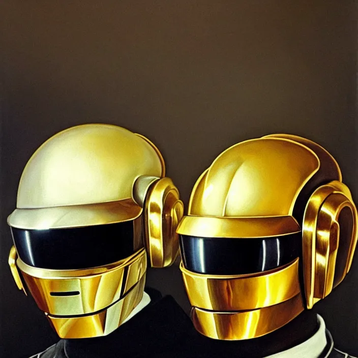 Prompt: still life painting of a daft punk helmets by pieter claesz, oil on canvas, strong lighting, highly detailed, hyper realism, golden hour, god rays, hd, 4 k