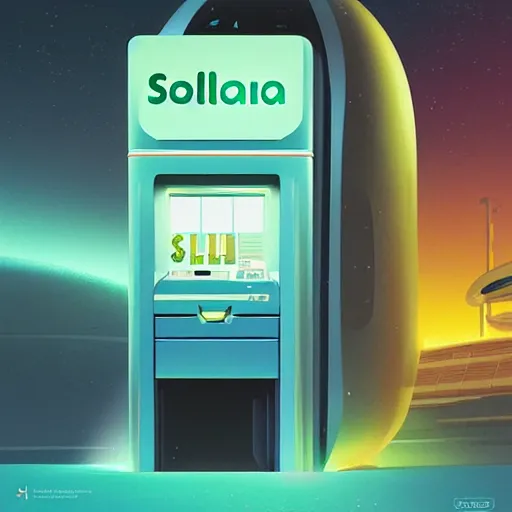 Image similar to An Illustration of a futuristic ATM of Solana cryptocurrency, by James Gilleard and Bruce Pennington, highly detailed,