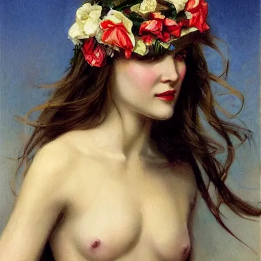 Image similar to epic portrait an woman with a skull face and wet flowing hair, flower crown, made by j. c. leyendecker