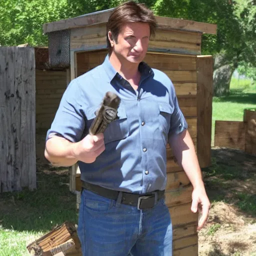 Prompt: Nathan Fillion protecting a bee hive portal