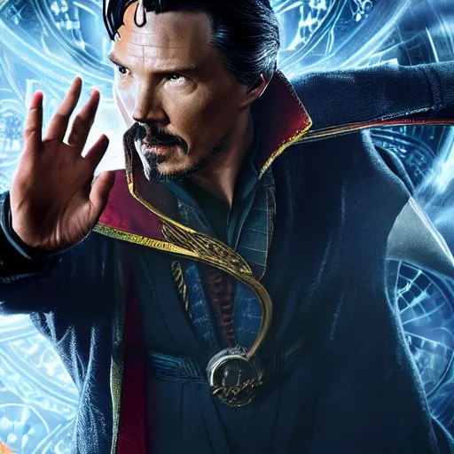 Prompt: dr. strange casting a shield spell in the metaverse, hyper realistic, highly detailed, perfect face, smooth, focus, movie still, cinematic