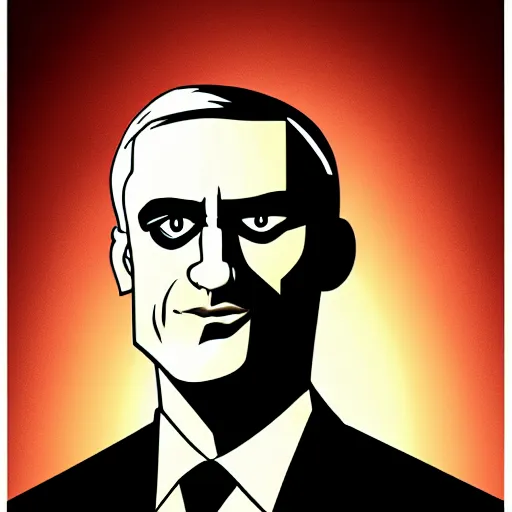 Image similar to digital portrait of secretary of denis mcdonough face with solid glowing eyes, cover art of graphic novel, evil laugh, menacing, Machiavellian puppetmaster, villain, simple style, solid colors, clean lines, clean ink, trending on artstation