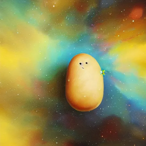 Prompt: painting of an intelligent potato floating through space, very high detail