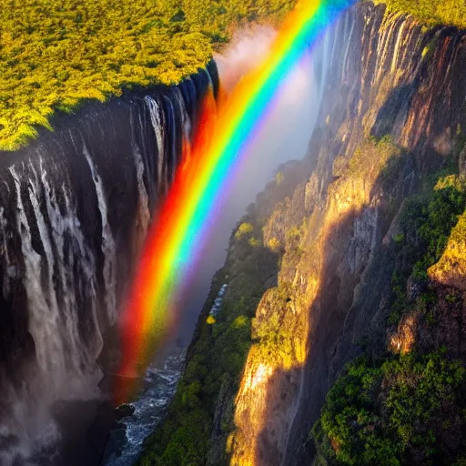 Prompt: a stunning areal photo of victoria falls zambia zimbabwe early morning mist thousands of colorful tropical birds formation sunrise rainbow award winning photo, 1 0 0 mm lens, f 2. 8, low contrast hdr filter