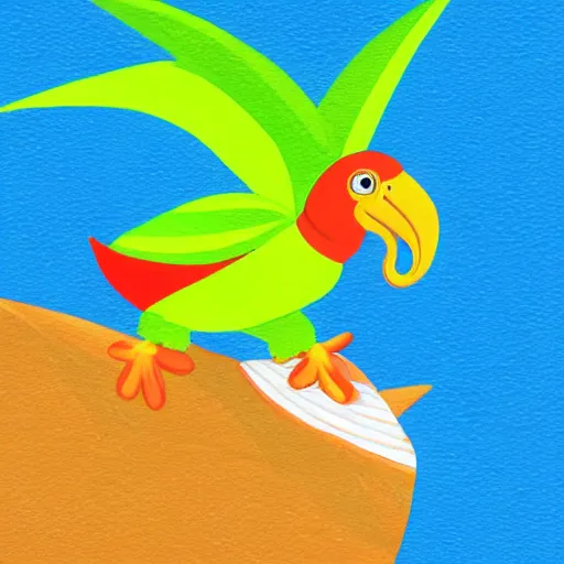 Image similar to cute illustration of a dodo bird surfing. super cute. tropical. colorful.