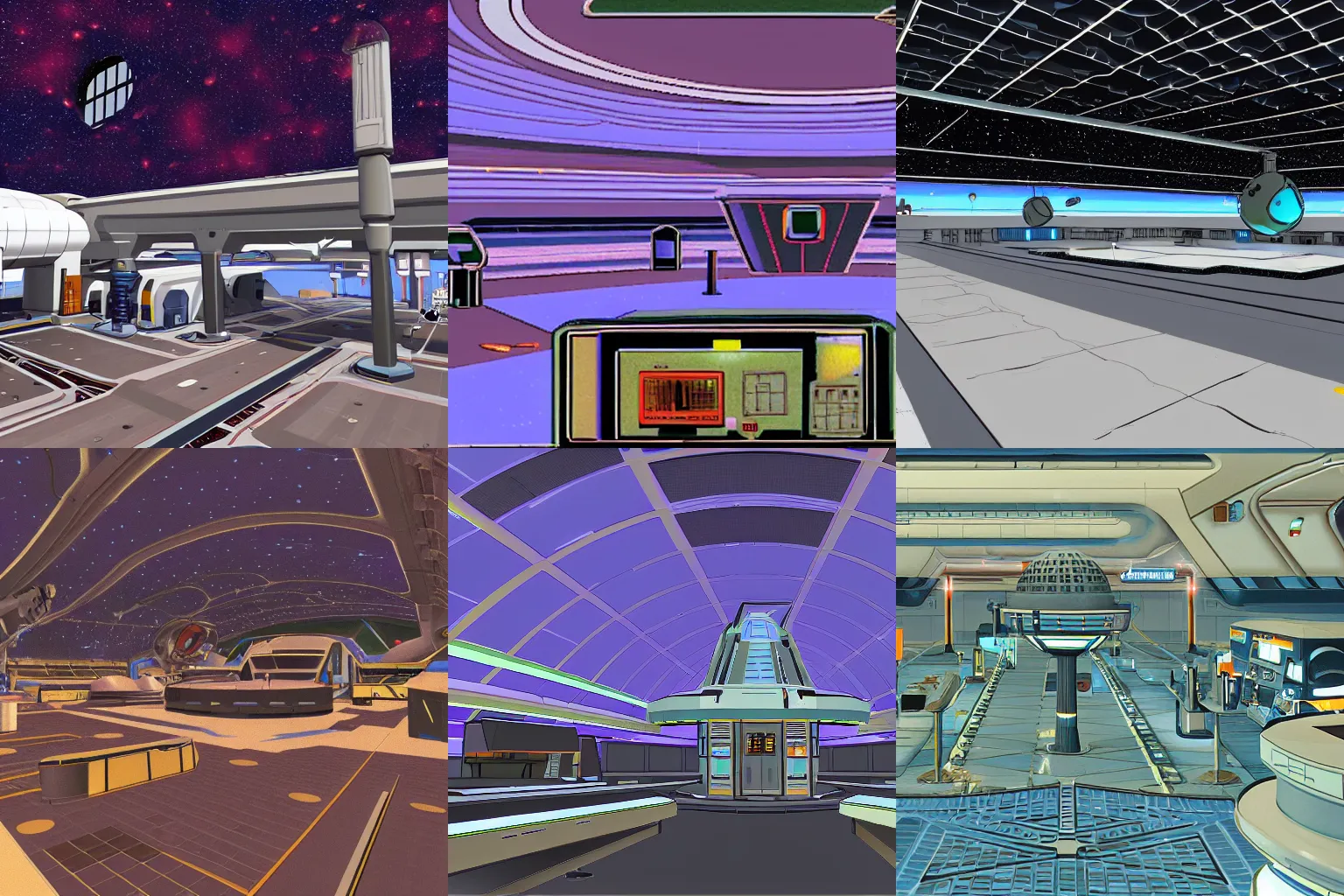 Prompt: inside the terminal building of a space port, from a space themed LucasArts point and click graphic adventure game made in 1999, with high quality graphics