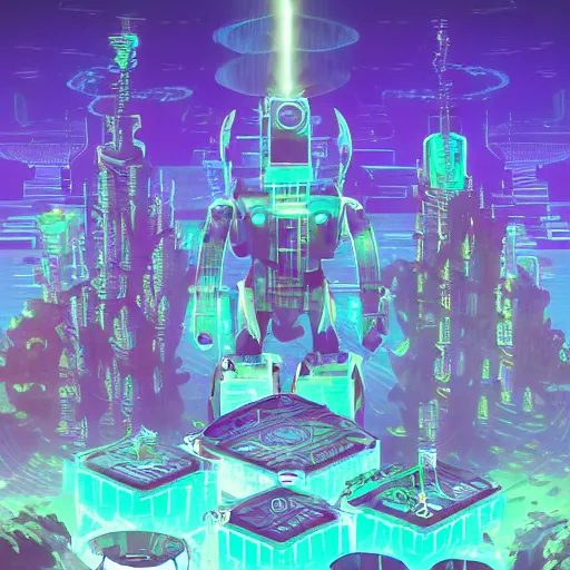 Prompt: an underwater city made of light matter built standing in the hands of a giant defunct robot mech and trying to save the planet one plant at a time, set in the distant future, plants, light prisms, rainbow diffraction, steampunk, cyberpunk, robots, warm lights, anime, vhs distortion, art style mimics starlight brigade by game grumps