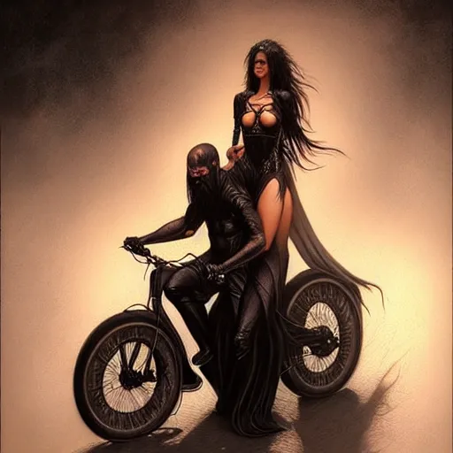 Image similar to portrait of woman riding a man like a bicycle, dark, piercing eyes, exotic expression, esoteric clothing, photorealistic, highly detailed, mysterious lighting, artstation, smooth, sharp focus, art by michael whelan, artgerm, greg rutkowski and luis royo