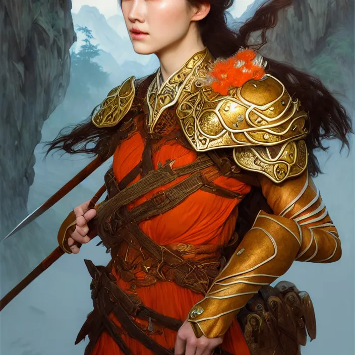 Image similar to head and shoulders portrait of a d & d ranger with her porcelain armor, chinese kangxi orange and white, volumetric lighting, fantasy, intricate, elegant, lifelike, photorealistic, artstation, concept art, sharp focus, by john collier and albert aublet and krenz cushart and artem demura and alphonse mucha