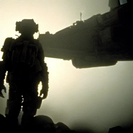 Image similar to soldier is made of rocks, still from the movie aliens, fog, dramatic lighting