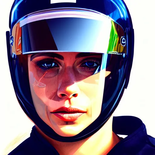 Prompt: sports helmet driver wearing a transparent visor helmet with big eye lashes with high detailed tattoos on neck, side profile on a racing car, highly detailed, digital painting, artstation, concept art, smooth, sharp focus, illustration by Sandra Chevrier