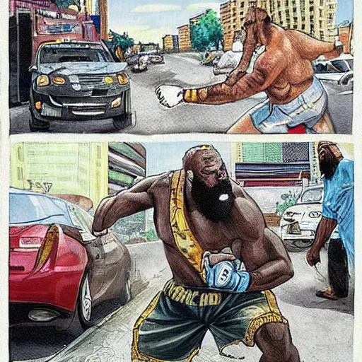 Image similar to mr. t fighting kimbo slice in city street traffic, intricate complexity, extremely detailed, very sharp,