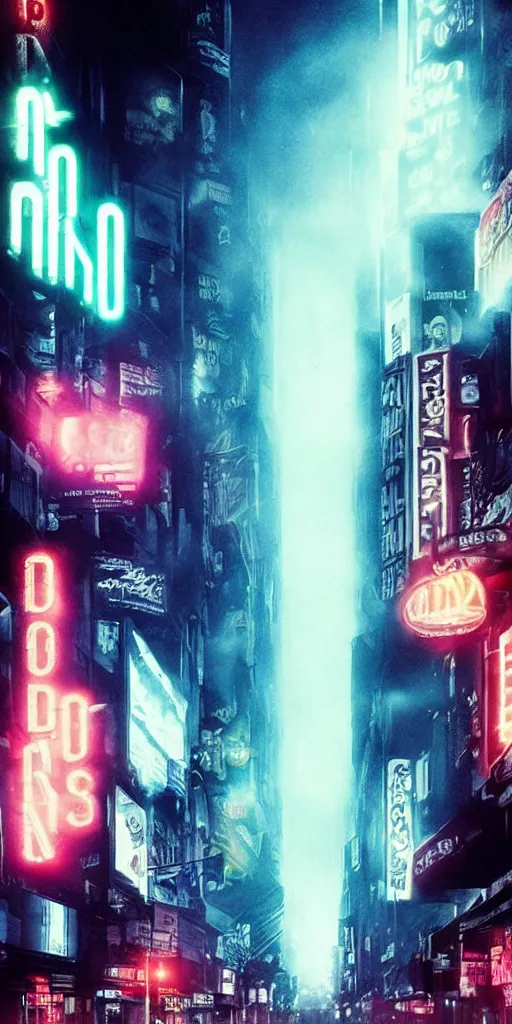 Prompt: city streets, neon signs, giant screens, eerie fog, blade runner, ex machina