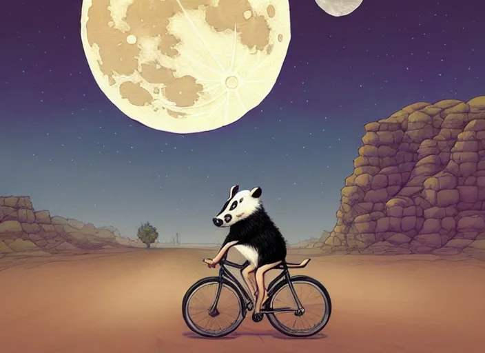 Image similar to a cell shaded cartoon badger riding a bicycle, with a big head, on a desert road, wide shot, in front of a big moon, muted colors, post grunge, josan gonzales, wlop, by james jean, victor ngai, hq, deviantart, art by artgerm