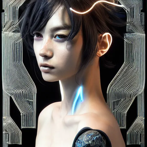 Prompt: the portrait of an absurdly beautiful, graceful, sophisticated, fashionable cyberpunk gravure idol, an ultrafine hyperdetailed illustration by kim jung gi, irakli nadar, matt wisniewski, intricate linework, neon wiring, porcelain skin, unreal engine 5 highly rendered, global illumination, radiant light, detailed and intricate environment