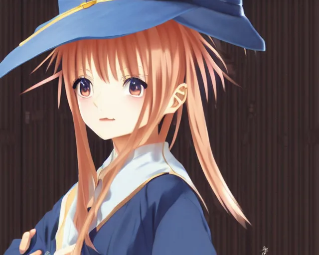 Image similar to anime visual, portrait of a young female wearing a wizard hat in a alchemist's shop interior, cute face by katsura masakazu and yoh yoshinari,, cinematic luts, genshin impact, dynamic pose, dynamic perspective, strong silhouette, anime cels, ilya kuvshinov, cel shaded, crisp and sharp, rounded eyes, moody