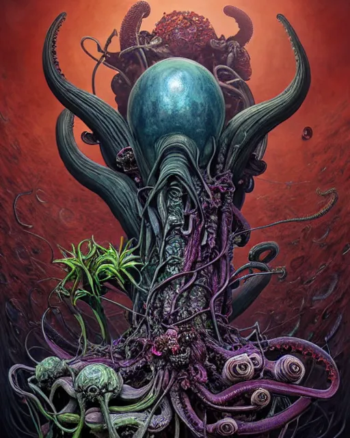 Image similar to the platonic ideal of flowers, rotting, insects and praying of cletus kasady carnage thanos dementor wild hunt chtulu mandelbulb schpongle octopus bioshock xenomorph akira, ego death, decay, dmt, psilocybin, concept art by randy vargas and zdzisław beksinski