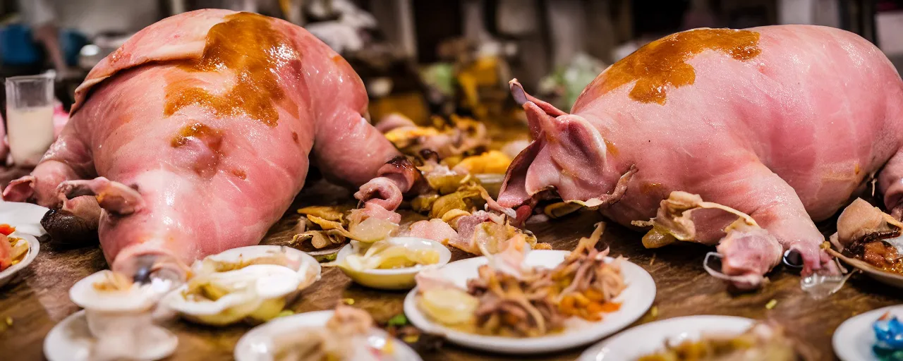 Image similar to lechon baboy, spit roast pig, depth of field, food photography, isometric, tasty, wide shot, studio, bokeh, gmaster, cooking, food, kodak, sony, canon