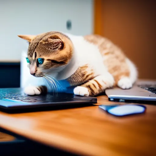 Image similar to cat working at a computer, photo, 8k