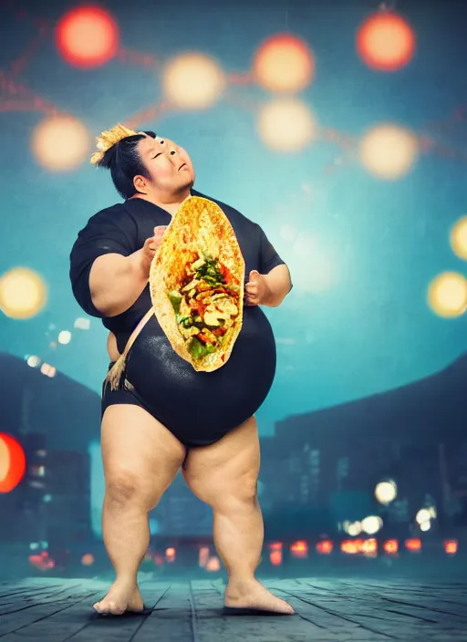 Image similar to sumo wrestler eating crispy tacos, holding hot sauce, portrait, photo realism, bokeh background, neon lights, city background, high definition, slr