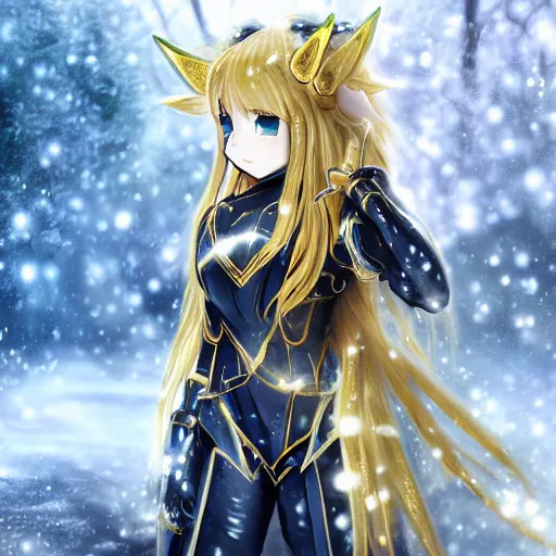 Image similar to full shot portrait focus of beautiful darkness knight 3D anime girl, golden armor wearing, dark forest background, snowing, bokeh, inspired by Masami Kurumada, digital painting, high contrast, octane render, volumetric lighting, high détail