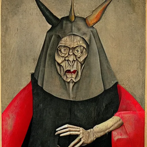 Prompt: Stunning and highly detailed portrait of the devil in human disguise wearing a red doublet Hieronymus Bosch